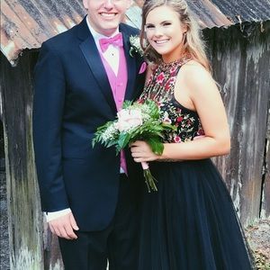 Black, tulle prom dress with pink and red beading